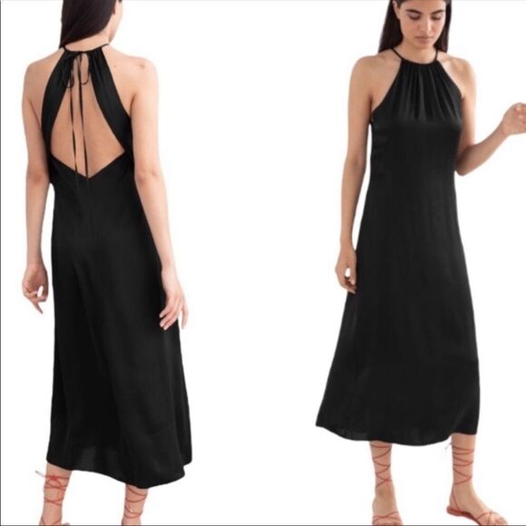 & OTHER STORIES | Black Gathered Halter Satin Look Midi Dress Women’s Size 8 - Picture 1 of 10